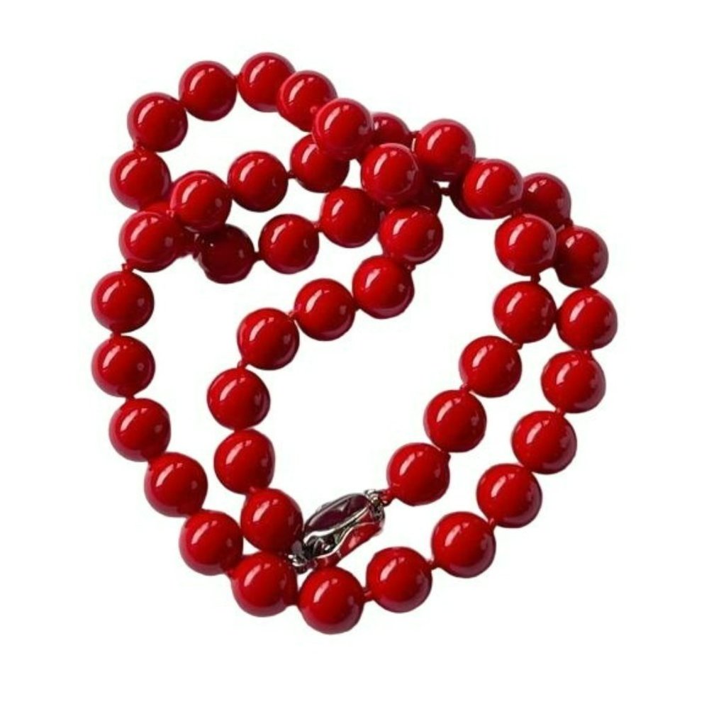8mm Red Round Sea Shell Pearl Beaded Necklace 18in - Picture 8 of 13